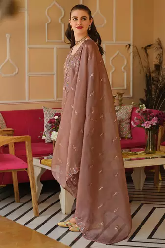 Mauve silk blend embroidered kurta trouser dupatta set