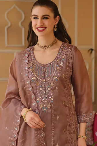 Mauve silk blend embroidered kurta trouser dupatta set