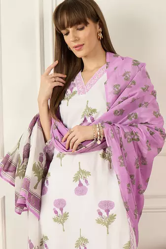 Off white pure cotton printed kurta trouser dupatta set