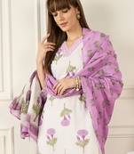 Off white pure cotton printed kurta trouser dupatta set