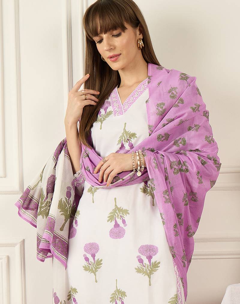 Off white pure cotton printed kurta trouser dupatta set
