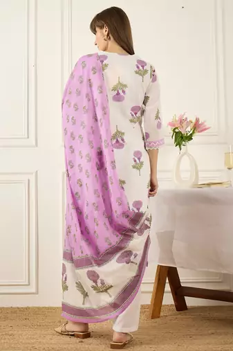Off white pure cotton printed kurta trouser dupatta set