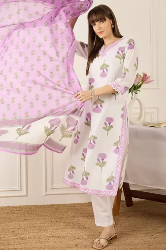 Off white pure cotton printed kurta trouser dupatta set