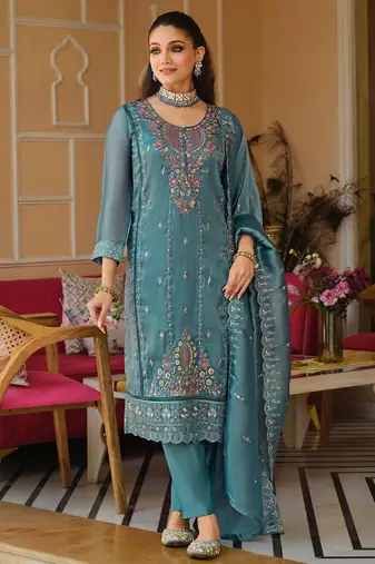 Blue silk blend embroidered kurta trouser dupatta set