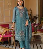 Blue silk blend embroidered kurta trouser dupatta set