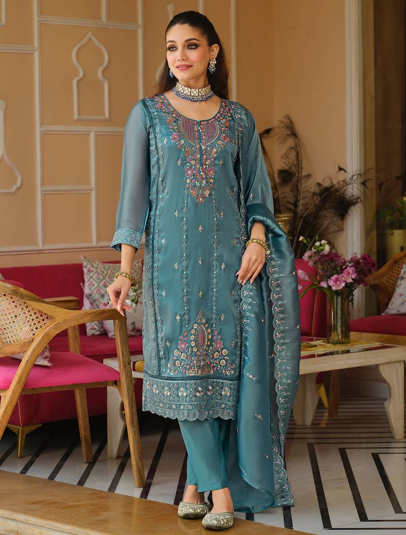 Blue silk blend embroidered kurta trouser dupatta set