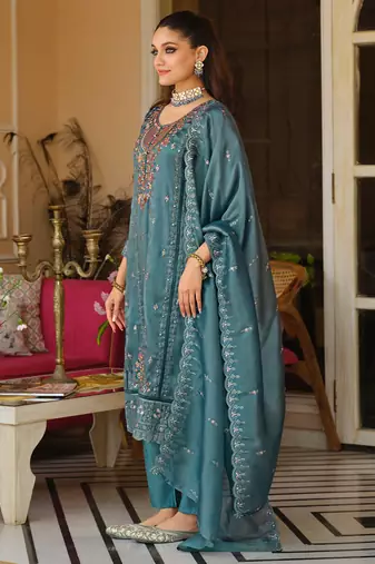 Blue silk blend embroidered kurta trouser dupatta set