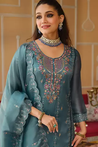 Blue silk blend embroidered kurta trouser dupatta set