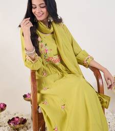 Green silk blend embroidered kurta trouser dupatta set