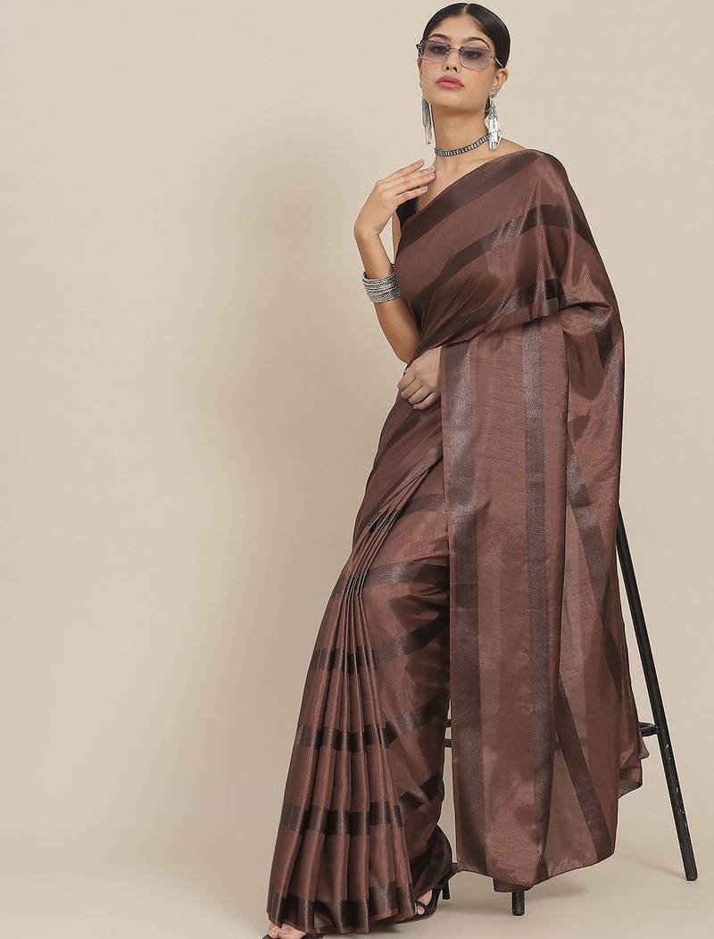 Coffee striped silk blend saree