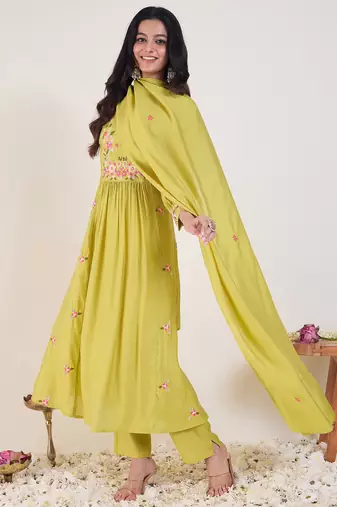 Green silk blend embroidered kurta trouser dupatta set