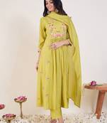 Green silk blend embroidered kurta trouser dupatta set