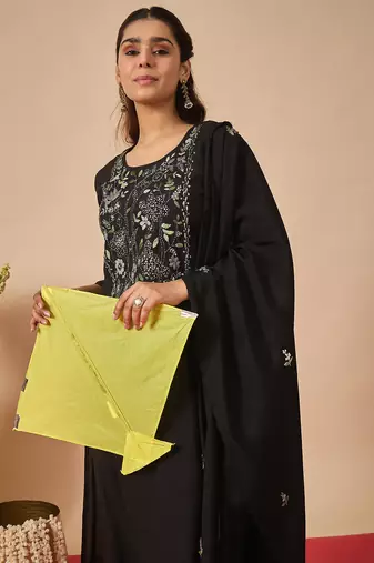 Black silk blend embroidered kurta trouser dupatta set