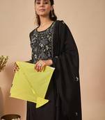 Black silk blend embroidered kurta trouser dupatta set