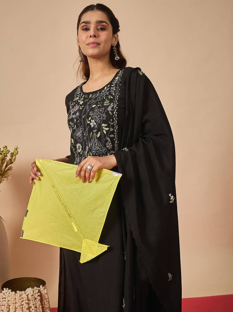 Black silk blend embroidered kurta trouser dupatta set