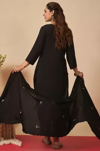 Black silk blend embroidered kurta trouser dupatta set