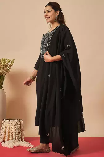Black silk blend embroidered kurta trouser dupatta set