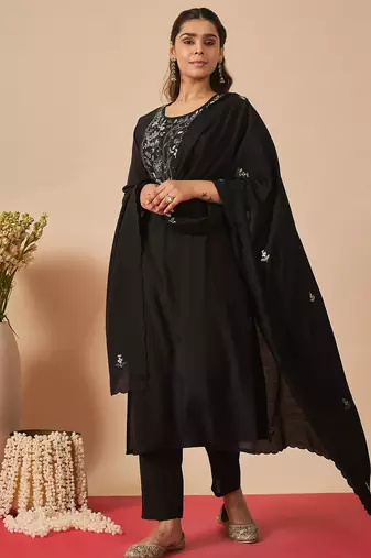Black silk blend embroidered kurta trouser dupatta set