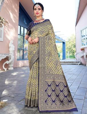 cream & blue ethnic motifs woven design zari organza saree 1