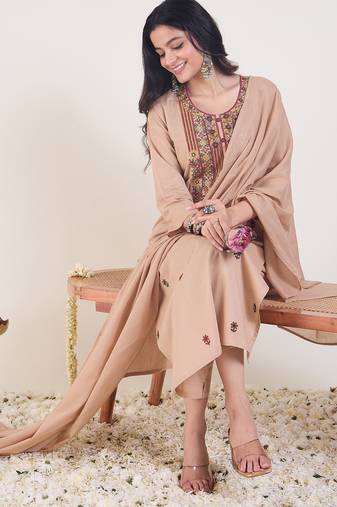 Beige silk blend embroidered kurta trouser dupatta set