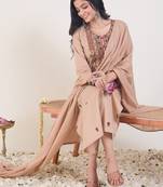 Beige silk blend embroidered kurta trouser dupatta set