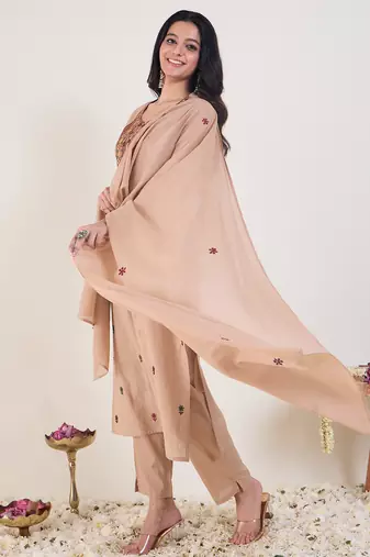 Beige silk blend embroidered kurta trouser dupatta set