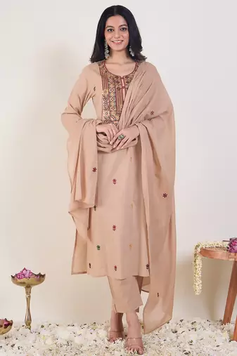 Beige silk blend embroidered kurta trouser dupatta set