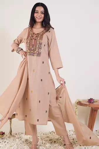 Beige silk blend embroidered kurta trouser dupatta set