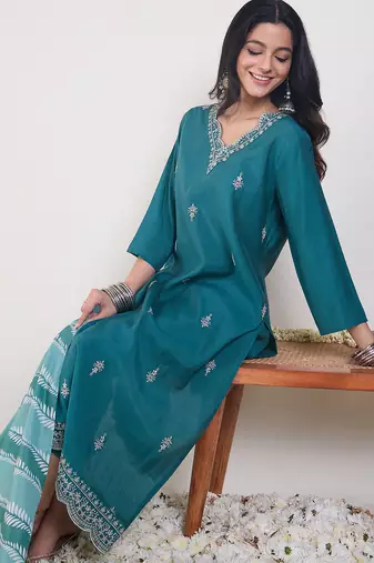 Teal silk blend embroidered kurta trouser dupatta set
