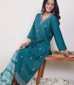Teal silk blend embroidered kurta trouser dupatta set