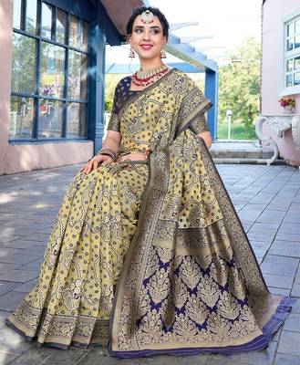 cream & blue ethnic motifs woven design zari organza saree 3