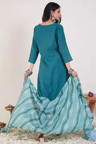 Teal silk blend embroidered kurta trouser dupatta set