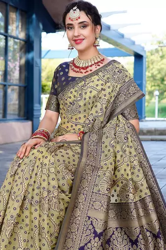 cream & blue ethnic motifs woven design zari organza saree