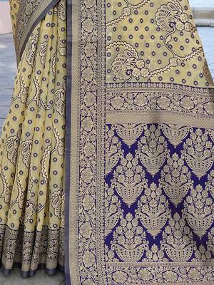 cream & blue ethnic motifs woven design zari organza saree 5