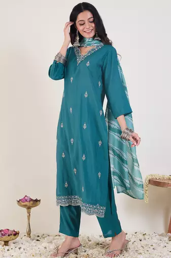 Teal silk blend embroidered kurta trouser dupatta set