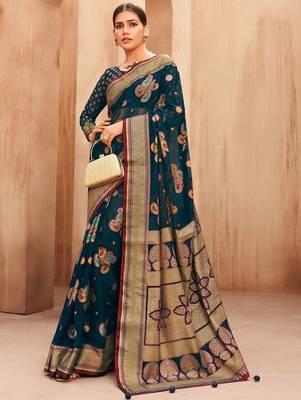 teal ethnic motifs zari poly georgette saree 1