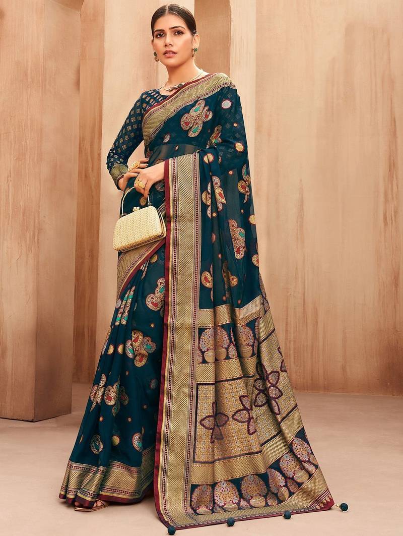 teal ethnic motifs zari poly georgette saree