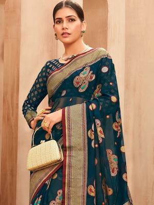 teal ethnic motifs zari poly georgette saree 2