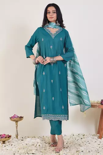 Teal silk blend embroidered kurta trouser dupatta set