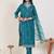 Teal silk blend embroidered kurta trouser dupatta set
