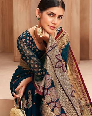 teal ethnic motifs zari poly georgette saree 3