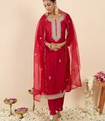 Pink silk blend embroidered kurta trouser dupatta set