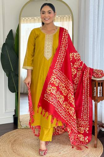 Mustard silk blend embroidered kurta trouser dupatta set