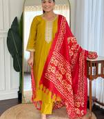Mustard silk blend embroidered kurta trouser dupatta set