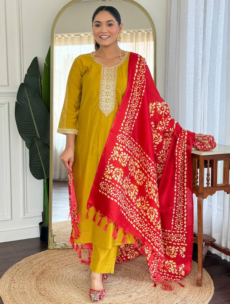 Mustard silk blend embroidered kurta trouser dupatta set