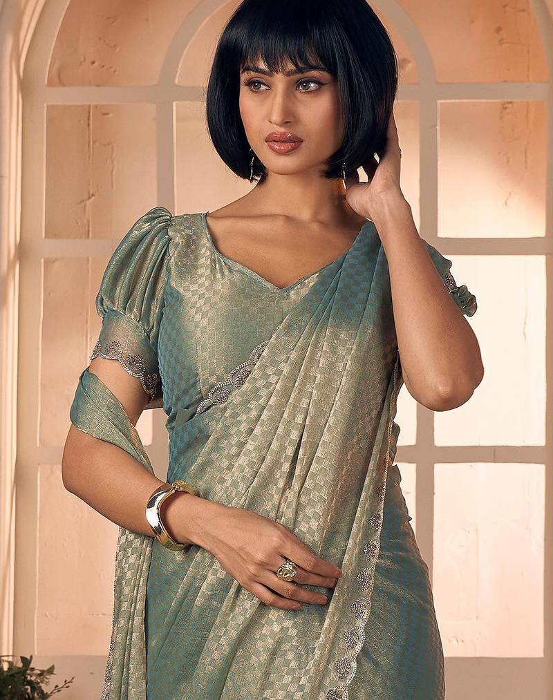 green women checked beads and stones embellished georgette saree