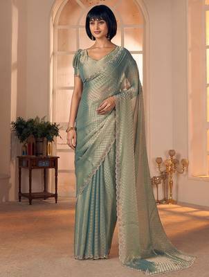 green women checked beads and stones embellished georgette saree 2