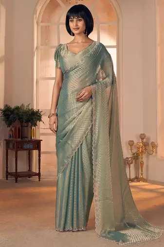 green women checked beads and stones embellished georgette saree