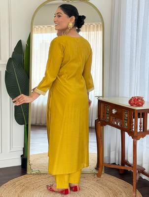 Mustard silk blend embroidered kurta trouser dupatta set 2