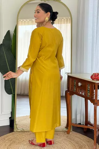 Mustard silk blend embroidered kurta trouser dupatta set